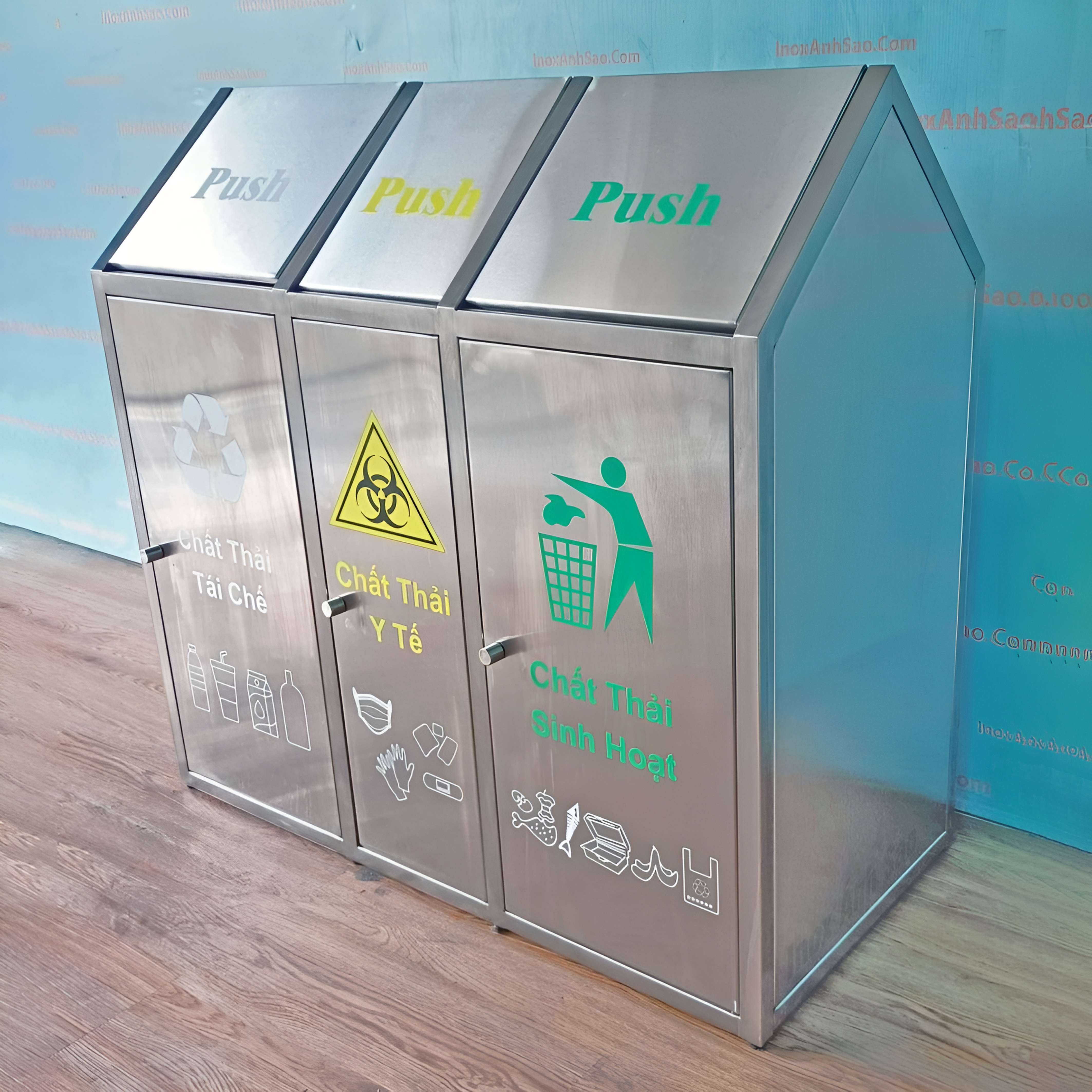 THÙNG RÁC INOX PHÂN LOẠI 3 NGĂN MÁI NHÀ P47 | XGE | Công Ty TNHH INOX ...