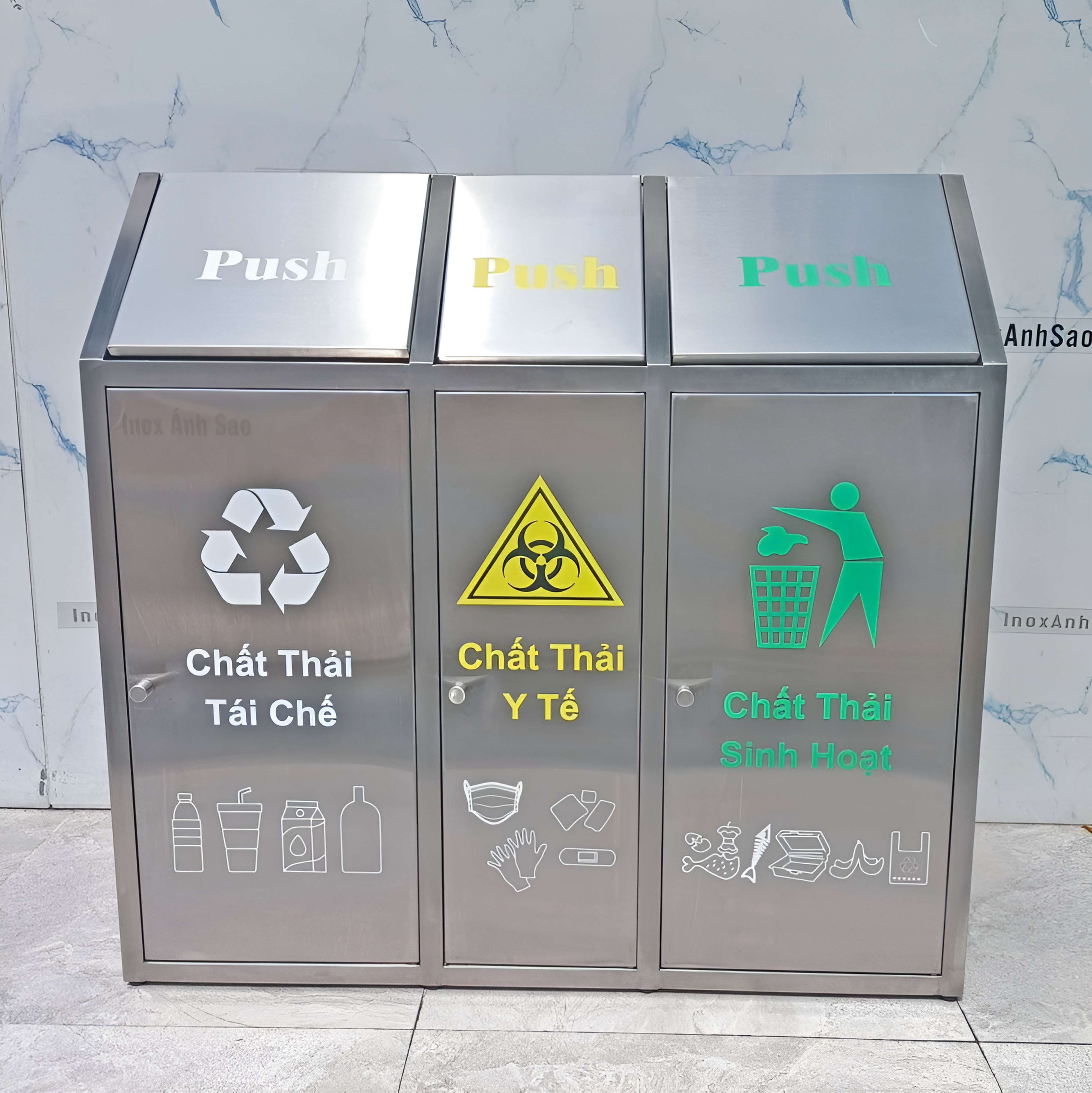 THÙNG RÁC INOX PHÂN LOẠI 3 NGĂN MÁI NHÀ P47 | XGE | Công Ty TNHH INOX ...