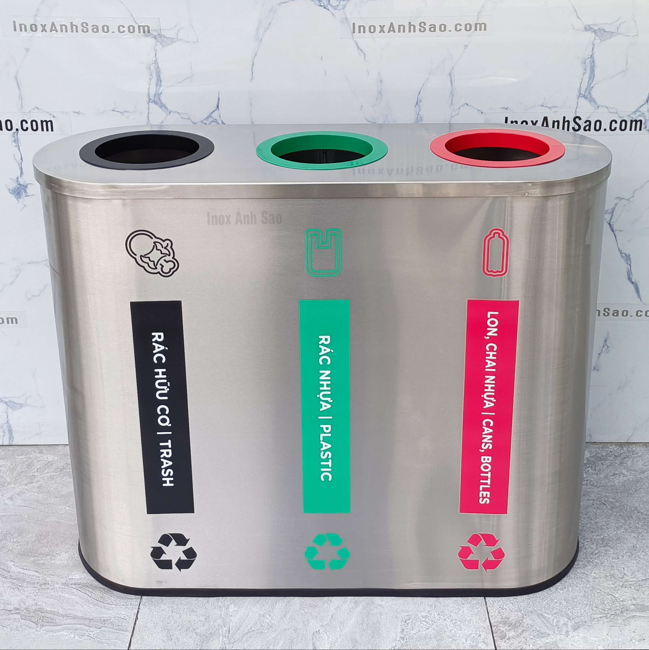 THÙNG RÁC PHÂN LOẠI 3 NGĂN OVAL P33 | p8Q | Công Ty TNHH INOX Ánh Sao